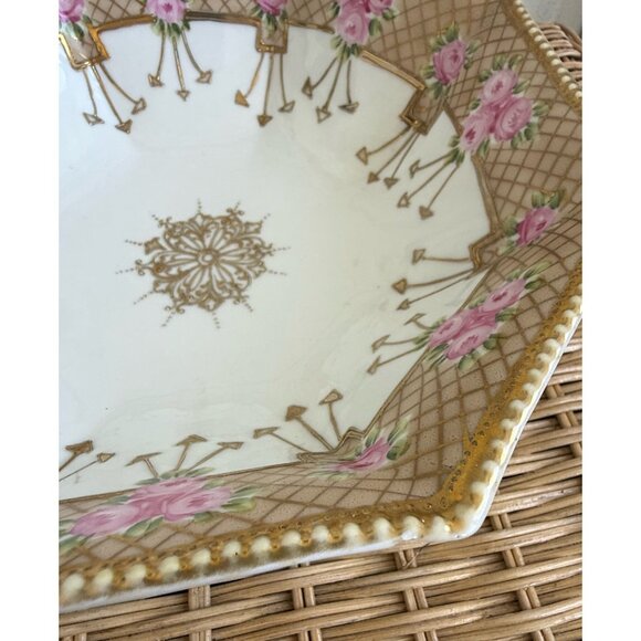 Antique 1920s Nippon Serving Bowl Hand Painted Gold Roses Floral - Picture 7 of 16